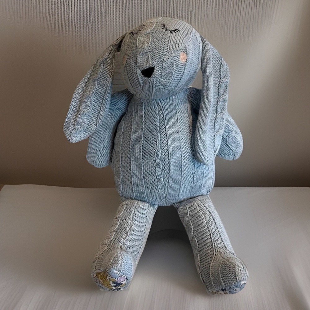 Pomme‎ Cotton Blue Cable Knitted Bunny Rabbit Floral Ears Stitched Eyes Nose 13"